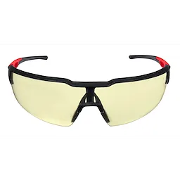 Safety Glasses with yellow fog-free lenses, black frame, and red accents on the temples, designed for eye protection.
