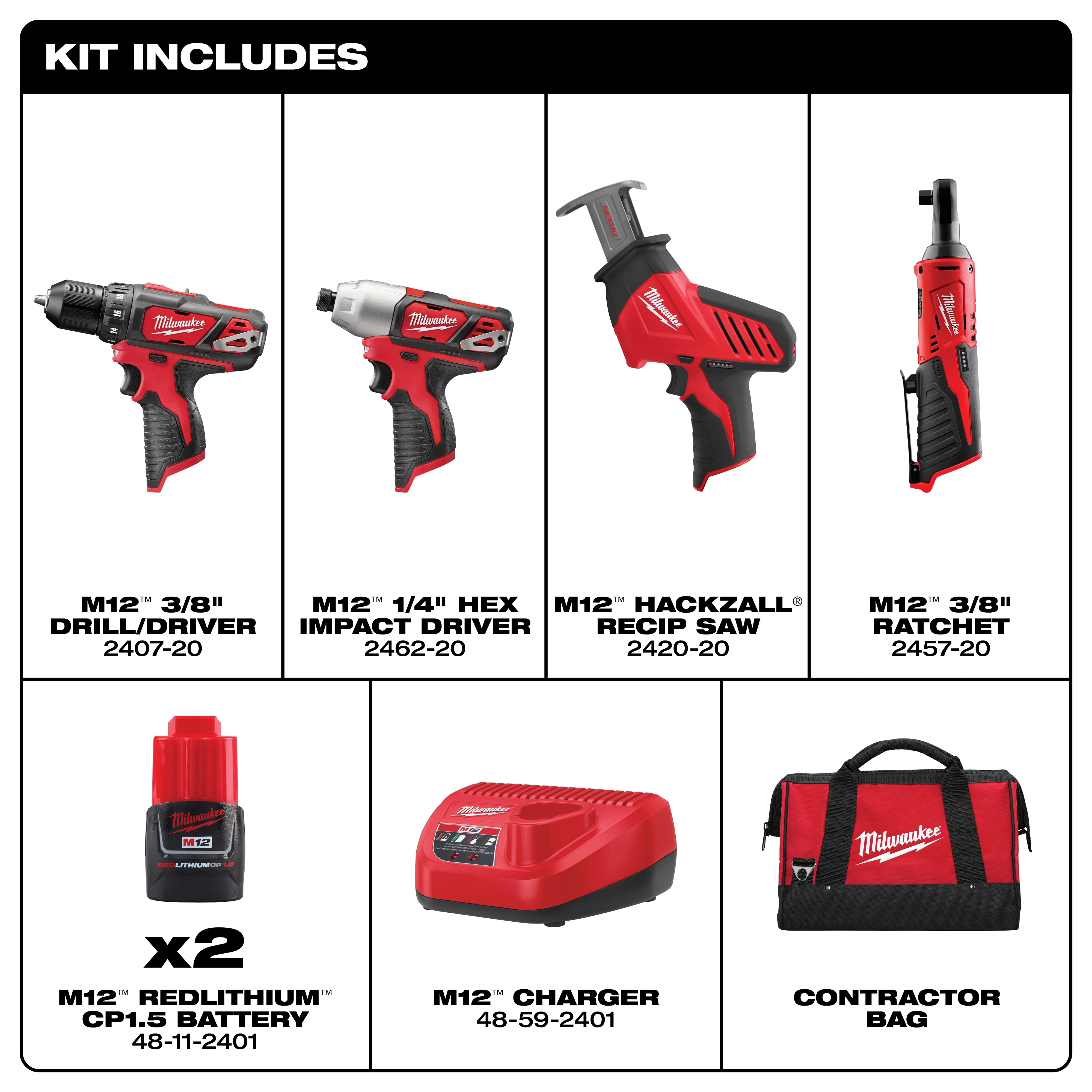 The M12 Cordless LITHIUM-ION 4-Tool Combo Kit includes a 3/8" drill/driver, 1/4" hex impact driver, Hackzall reciprocating saw, and 3/8" ratchet. Also included are two M12 REDLITHIUM CP1.5 batteries, a charger, and a contractor bag.