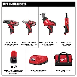 The M12 Cordless LITHIUM-ION 4-Tool Combo Kit includes a 3/8" drill/driver, 1/4" hex impact driver, Hackzall reciprocating saw, and 3/8" ratchet. Also included are two M12 REDLITHIUM CP1.5 batteries, a charger, and a contractor bag.