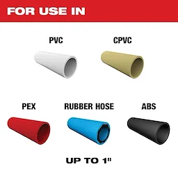 FOR USE IN PVC, CPVC, PEX, Rubber Hose, and ABS pipes up to 1 inch.