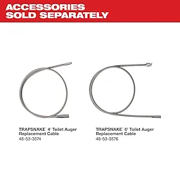 Two TRAPSNAKE® Toilet Auger Replacement Cables are displayed: a 4-foot cable (model 48-53-3574) and a 6-foot cable (model 48-53-3576). Text above indicates "Accessories Sold Separately" in bold red letters. The cables are coiled with metal tips designed for toilet auger tools.
