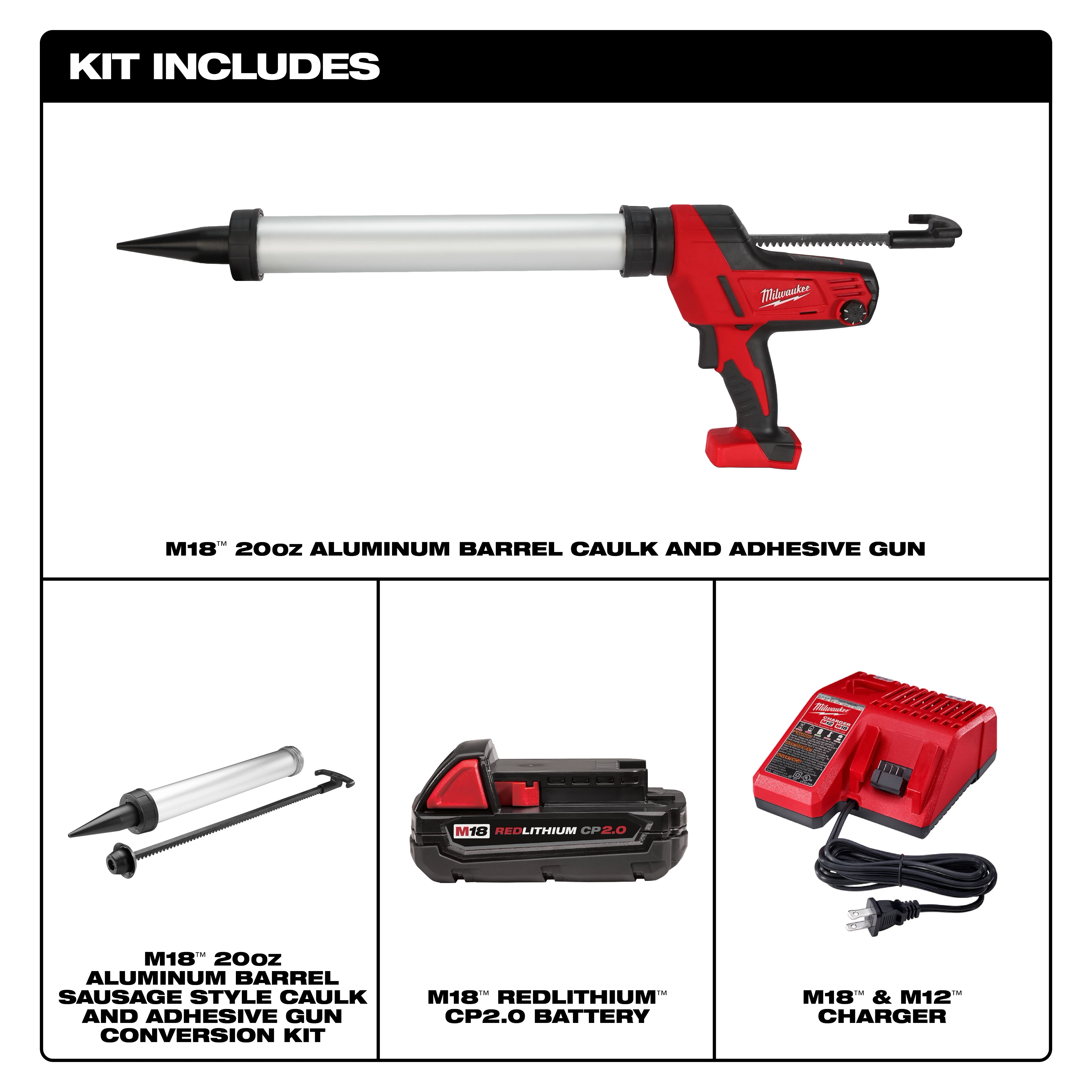 M18 Cordless 20-oz Aluminum Barrel Caulk and Adhesive Gun Kit with gun, barrel, battery, and charger displayed.