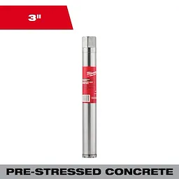 3" Pre-Stressed Diamond Wet Core Bit Primary for pre-stressed concrete, shown with a metal cylindrical shape and a red label.