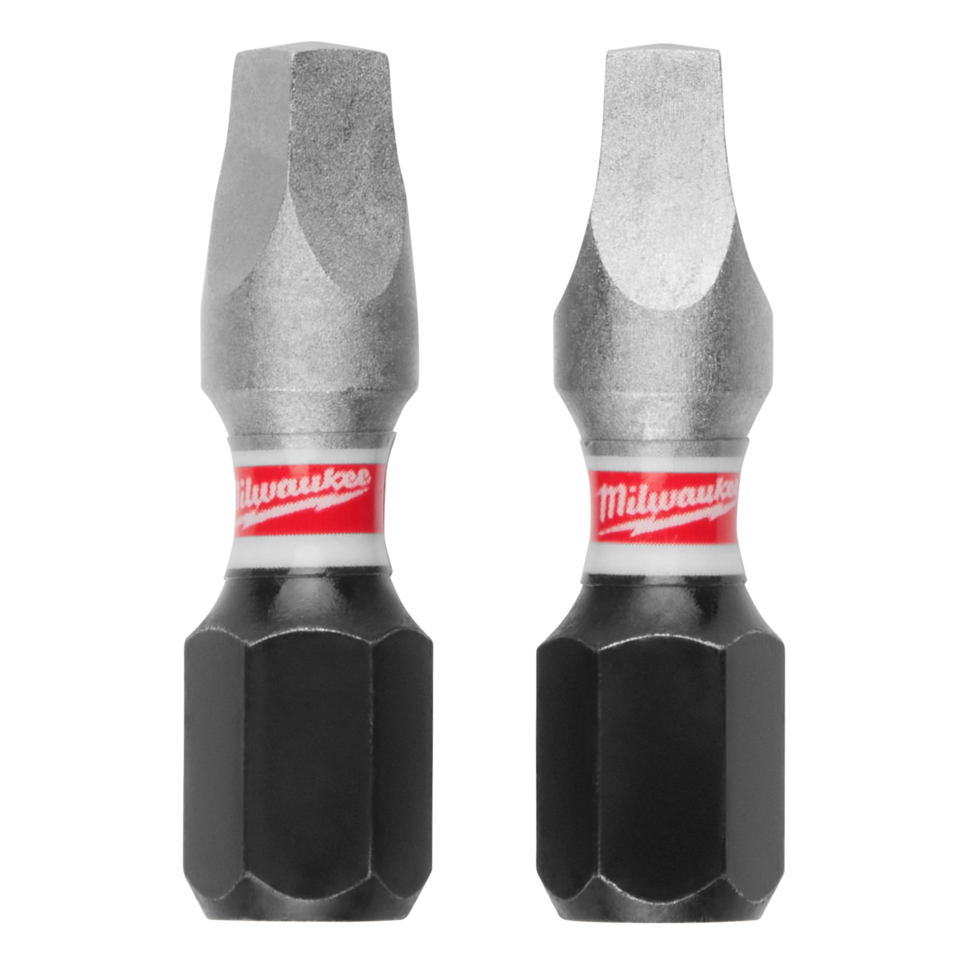 The image shows two SHOCKWAVE™ 1" Impact Duty Square Recess #3 Insert Bits (2 PK) from Milwaukee Tools. Each bit has a metallic tip with a red and white Milwaukee logo band in the middle and a black hexagonal base.