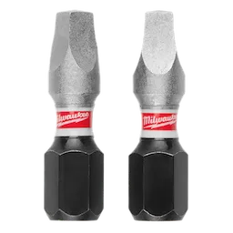 The image shows two SHOCKWAVE™ 1" Impact Duty Square Recess #3 Insert Bits (2 PK) from Milwaukee Tools. Each bit has a metallic tip with a red and white Milwaukee logo band in the middle and a black hexagonal base.