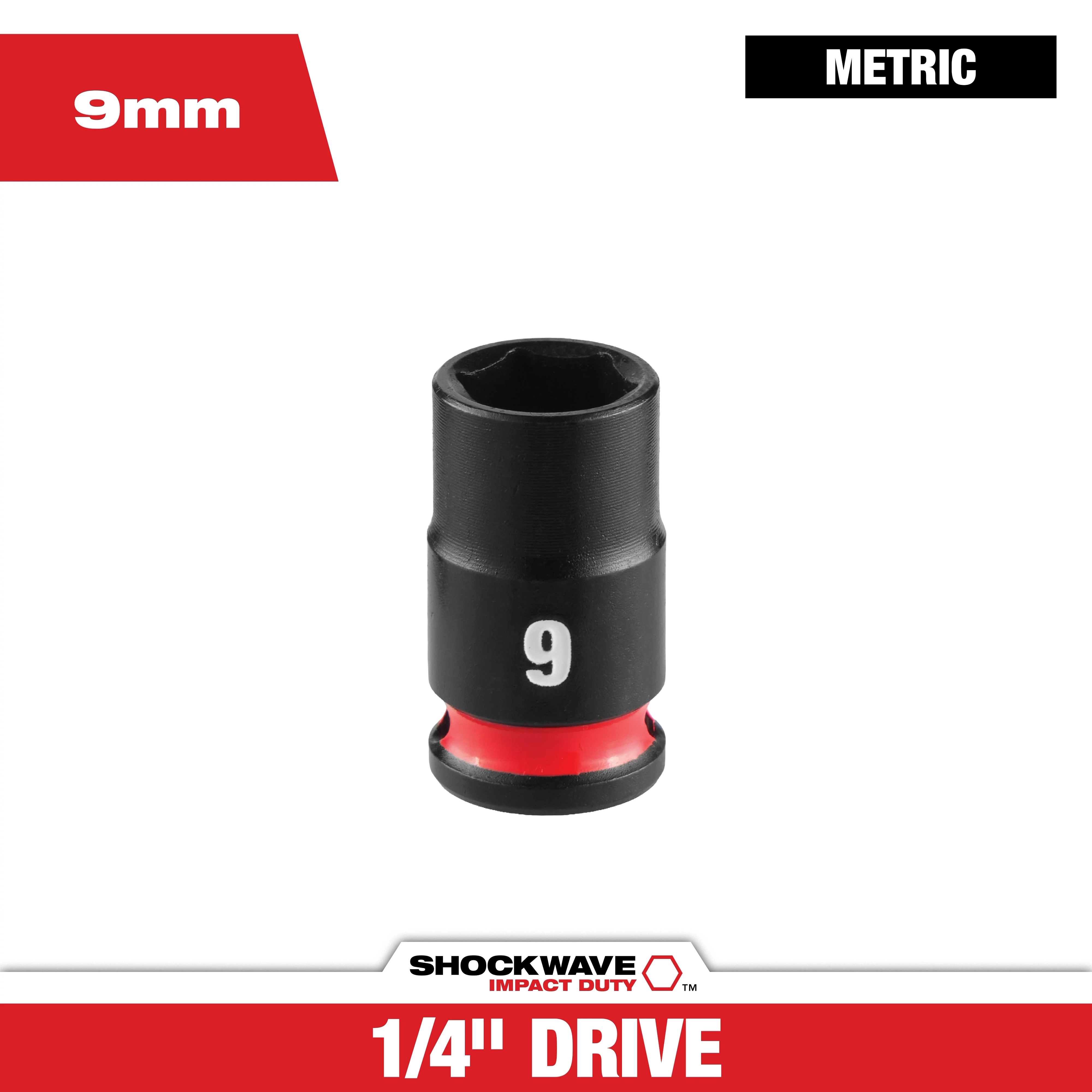 SHOCKWAVE Impact Duty 1/4" Drive 9MM Standard 6 Point Socket standing upright with a red band near the base.