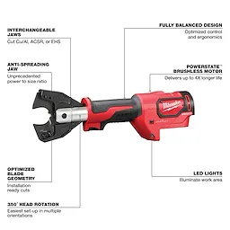 The M18™ FORCE LOGIC™ Cable Cutter Kit features a red and black design with a brushless motor, interchangeable jaws, anti-spreading jaw, optimized blade geometry, 350-degree head rotation, and built-in LED lights. It is engineered for cutting Cu/Al, ACSR, or EHS cables with balance and ergonomics.