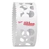 The RANGE%20OF%20Hole%20Dozer%20Bi-Metal%20Hole%20Saw%20%203-7%2F8%22%204%22%204-1%2F8%22 is a white, cylindrical tool with a serrated edge and ventilation holes.