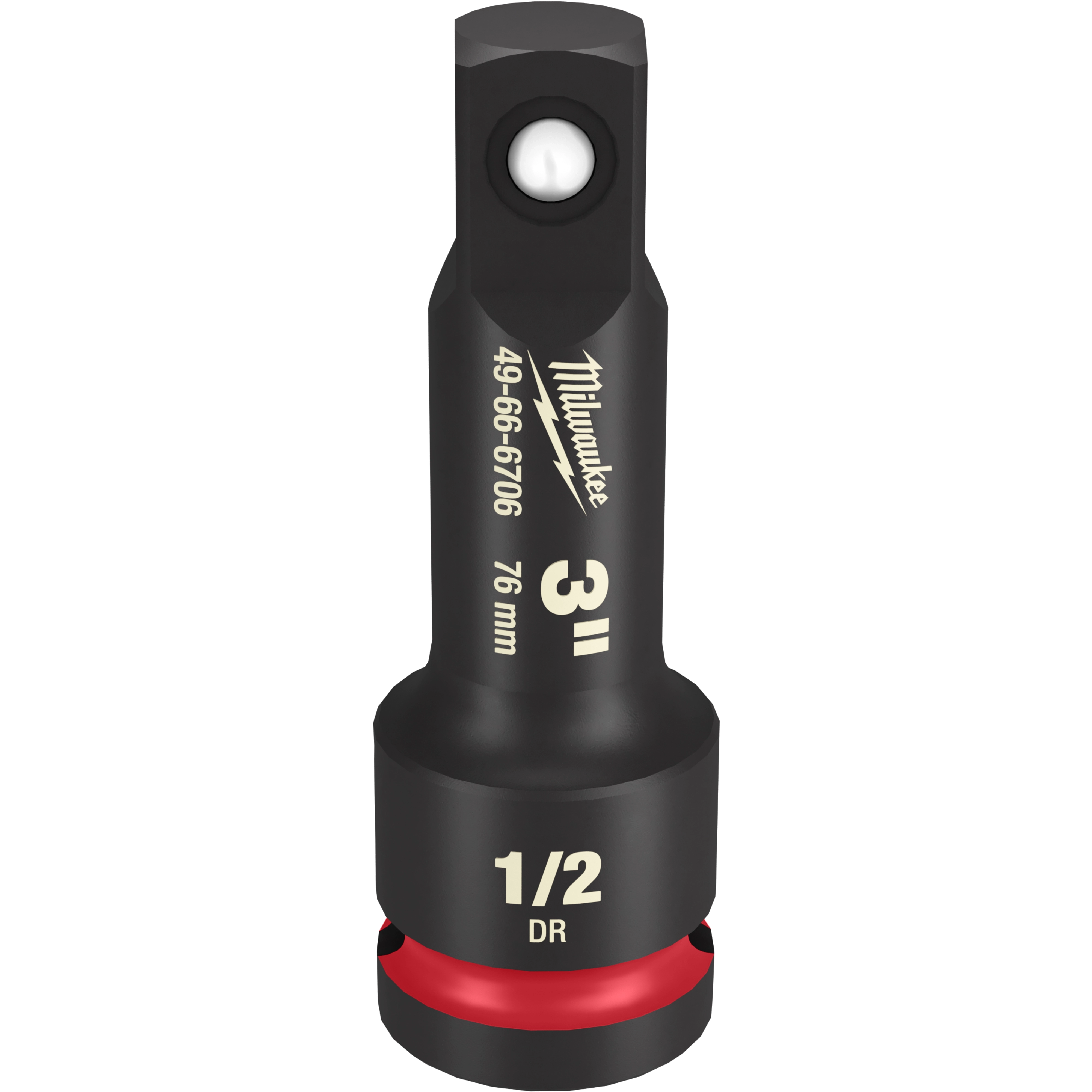 1/2 DR 3" Impact Extension from Milwaukee is a 76mm black steel tool for socket wrenches, featuring red detailing at the base.