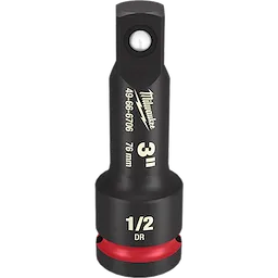 1/2 DR 3" Impact Extension from Milwaukee is a 76mm black steel tool for socket wrenches, featuring red detailing at the base.