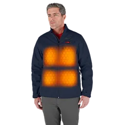 M12 Heated TOUGHSHELL Jacket in navy blue, featuring four illuminated heating zones on the chest and back, worn by a model.