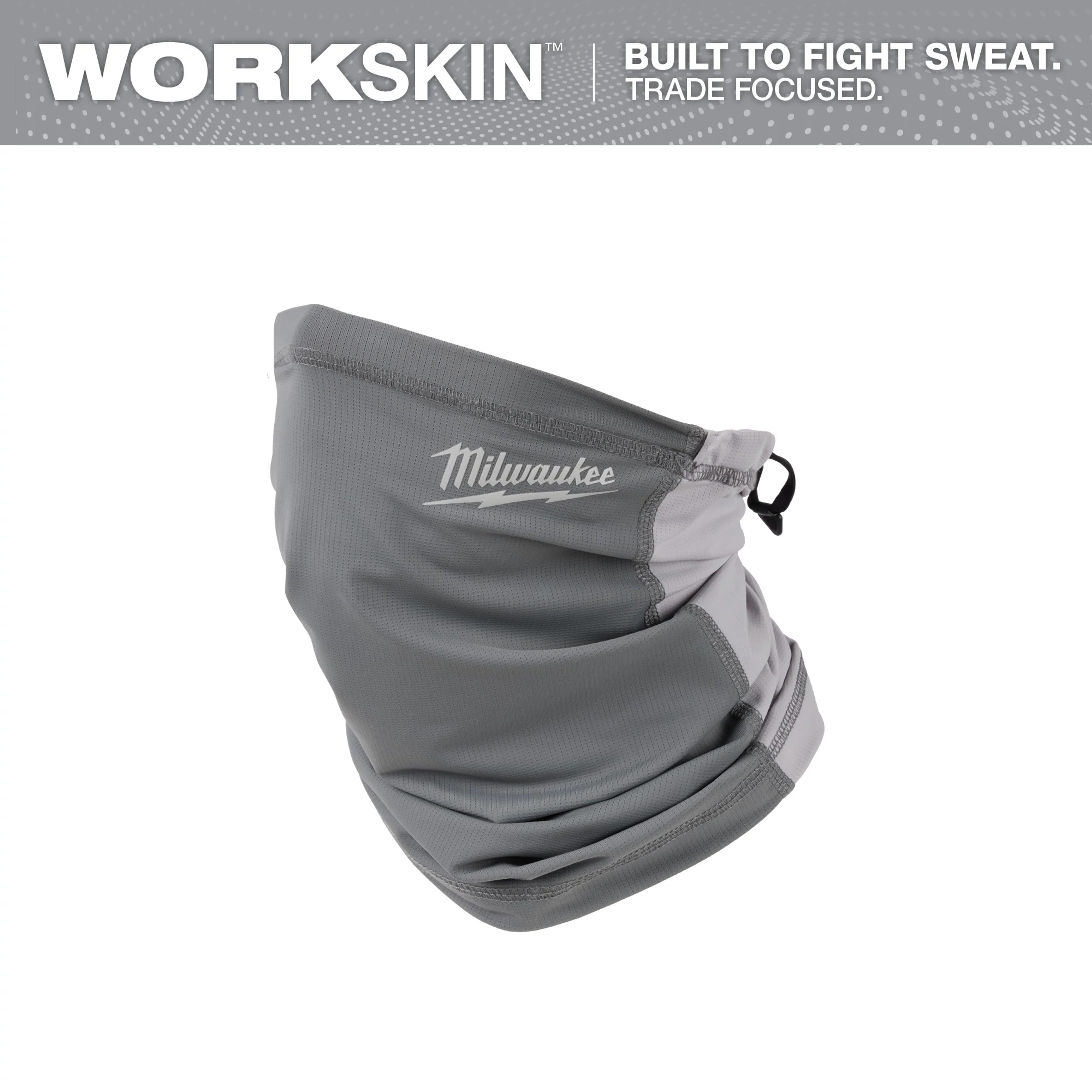 Gray WORKSKIN Performance Neck Gaiter from Milwaukee, designed to combat sweat. Features a breathable, adjustable fabric with side drawstring.