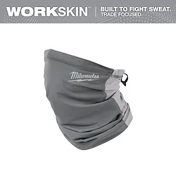 Gray WORKSKIN Performance Neck Gaiter from Milwaukee, designed to combat sweat. Features a breathable, adjustable fabric with side drawstring.