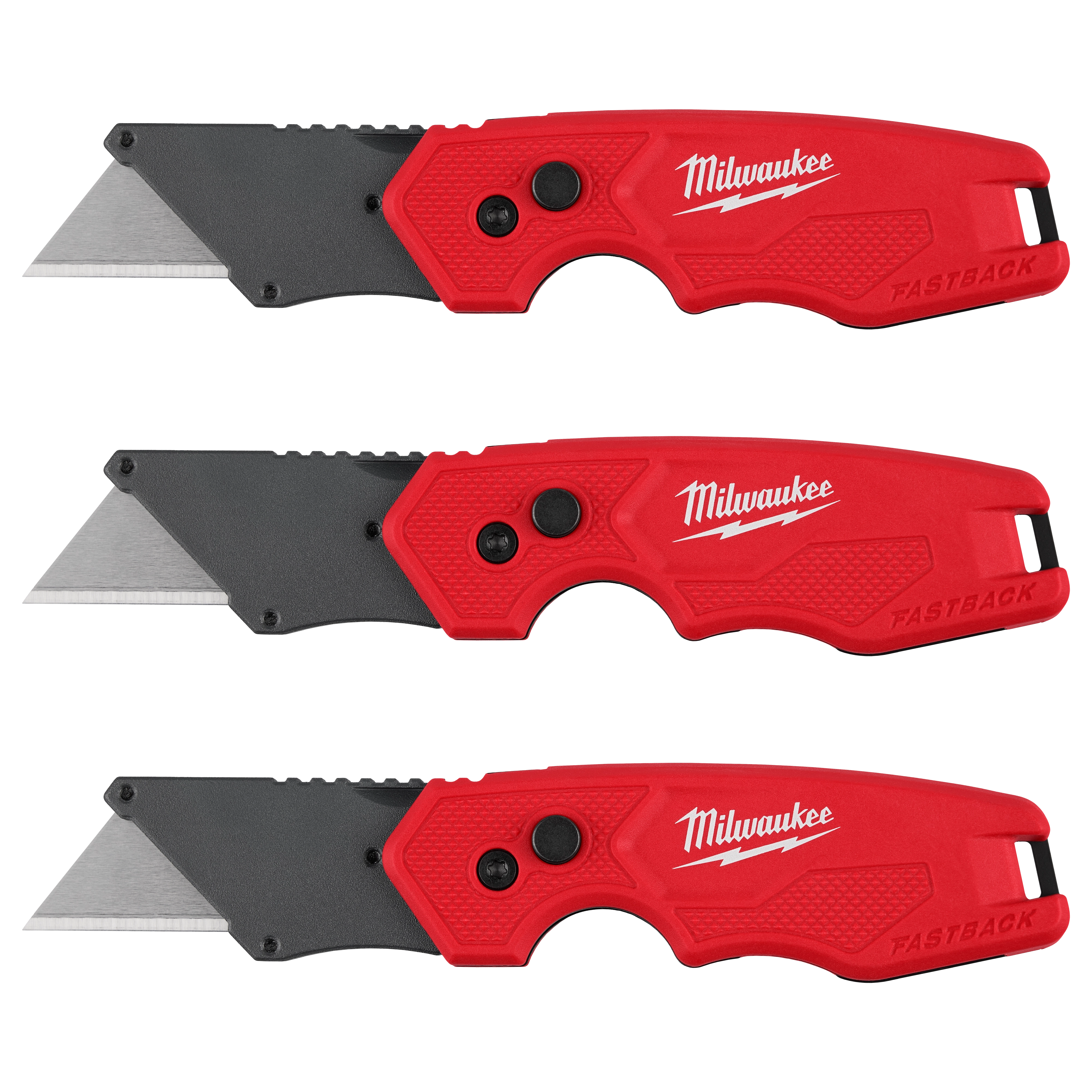 Three red FASTBACK 3Pk Compact Folding Utility Knives arranged horizontally with blades extended.