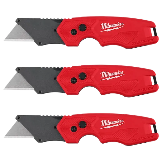 Three red FASTBACK 3Pk Compact Folding Utility Knives arranged horizontally with blades extended.