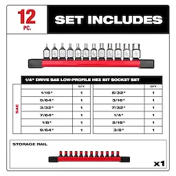 12pc 1/4” Drive Low-Profile Hex Bit Socket Set - SAE includes 12 hex bit sockets with sizes from 1/16” to 3/8” on a red storage rail.