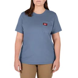 The image shows a blue Women's GRIDIRON™ Pocket T-Shirt with short sleeves. The t-shirt features a pocket on the left chest area.