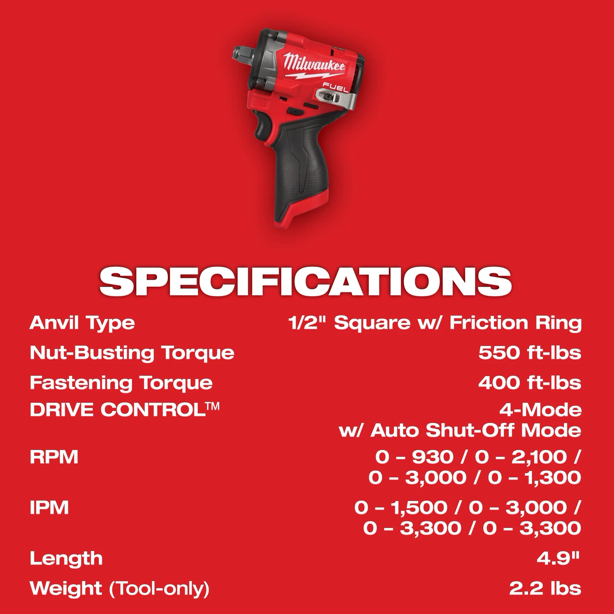 thumbnail image 2 of Milwaukee M12 FUEL Stubby 1/2 Inch Impact Wrench (Bare Tool) Package 2 of 11
