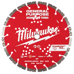A red, circular 12" DIAMOND MAX™ Segmented Turbo, General Purpose Diamond Blade by Milwaukee. It is designed for reinforced concrete, brick, block, stone, and roof tile; functioning in wet and dry conditions. The blade features a central arbor hole and numerous smaller holes around the circumference.