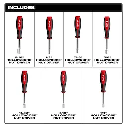 7pc SAE HollowCore Nut Driver Set includes 9/16”, 1/2”, 7/16”, 3/8”, 11/32”, 5/16”, and 1/4” nut drivers with red and black handles.