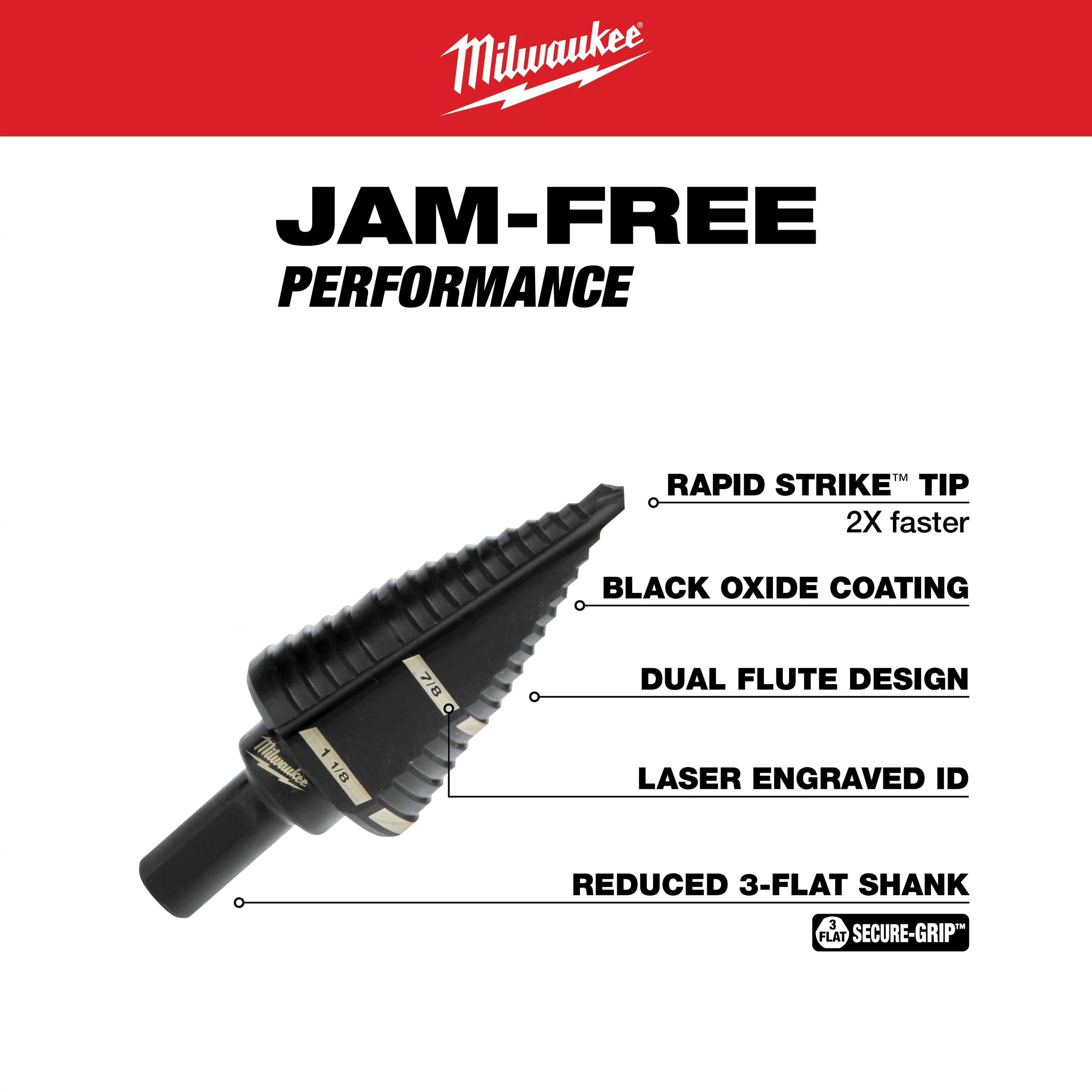 The Black Oxide Step Drill Bit (2-Pack) features sizes 7/8 in. and 1-1/8 in. with dual flutes for efficient cutting, a rapid strike tip for faster drilling, black oxide coating for durability, laser engraved measurements, and a reduced 3-flat shank to prevent slipping.