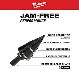 The Black Oxide Step Drill Bit (2-Pack) features sizes 7/8 in. and 1-1/8 in. with dual flutes for efficient cutting, a rapid strike tip for faster drilling, black oxide coating for durability, laser engraved measurements, and a reduced 3-flat shank to prevent slipping.
