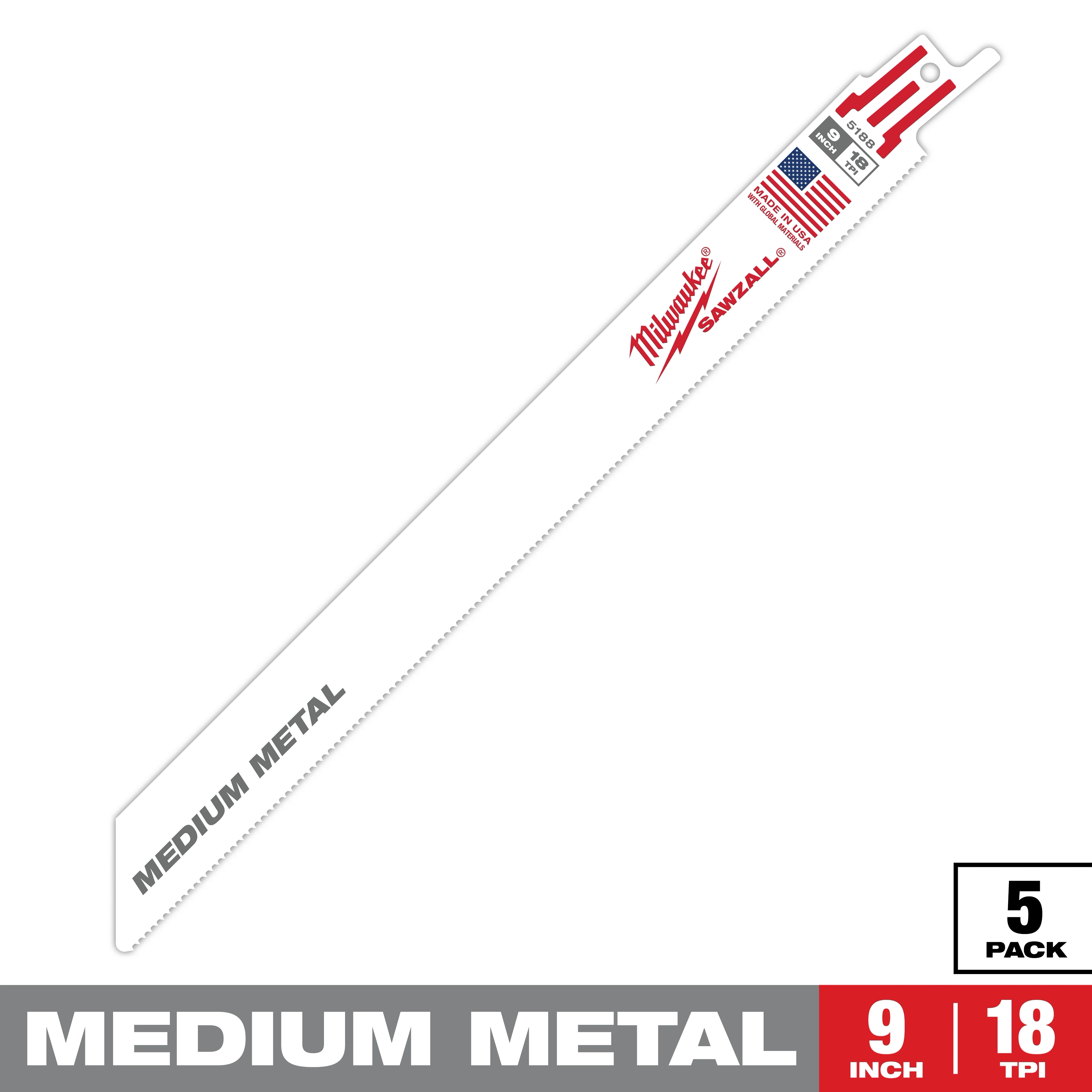 The image displays a Sawzall Bi-Metal Carbide reciprocating saw blade designed for medium metal cutting. The blade is 9 inches long with 18 teeth per inch (TPI) and is part of a 5-pack. The blade is made in the USA.