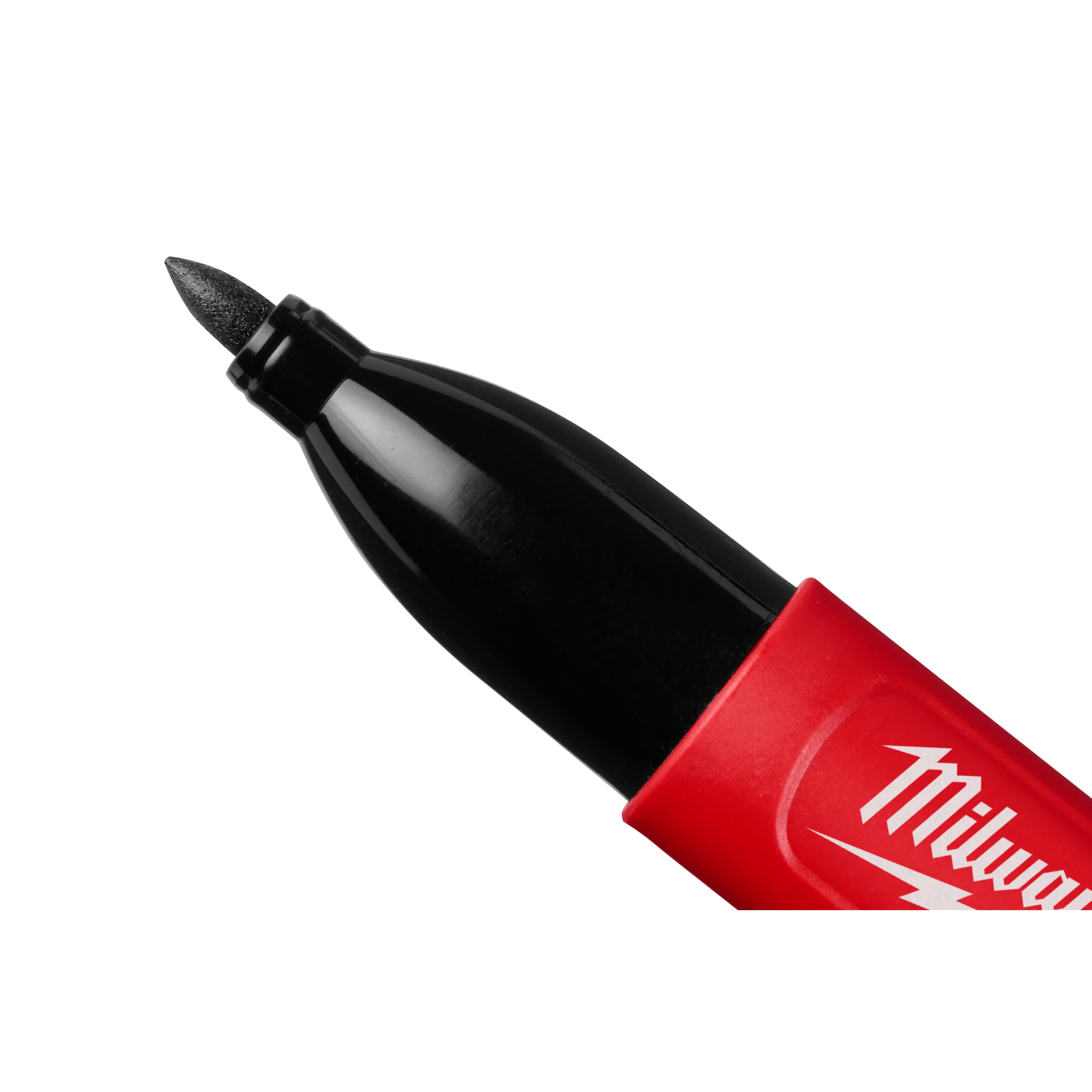 The Milwaukee INKZALL Double-Sided Black Jobsite Marker—Fine Point & Chisel Tip features a red and black plastic body with a black fine-point tip. It is designed for durability on job sites.