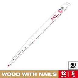 The Milwaukee 12-inch Wood with Nails reciprocating saw blade has 5 teeth per inch and is designed for cutting wood containing nails. It comes in a pack of 50 and features American flag branding on the blade.