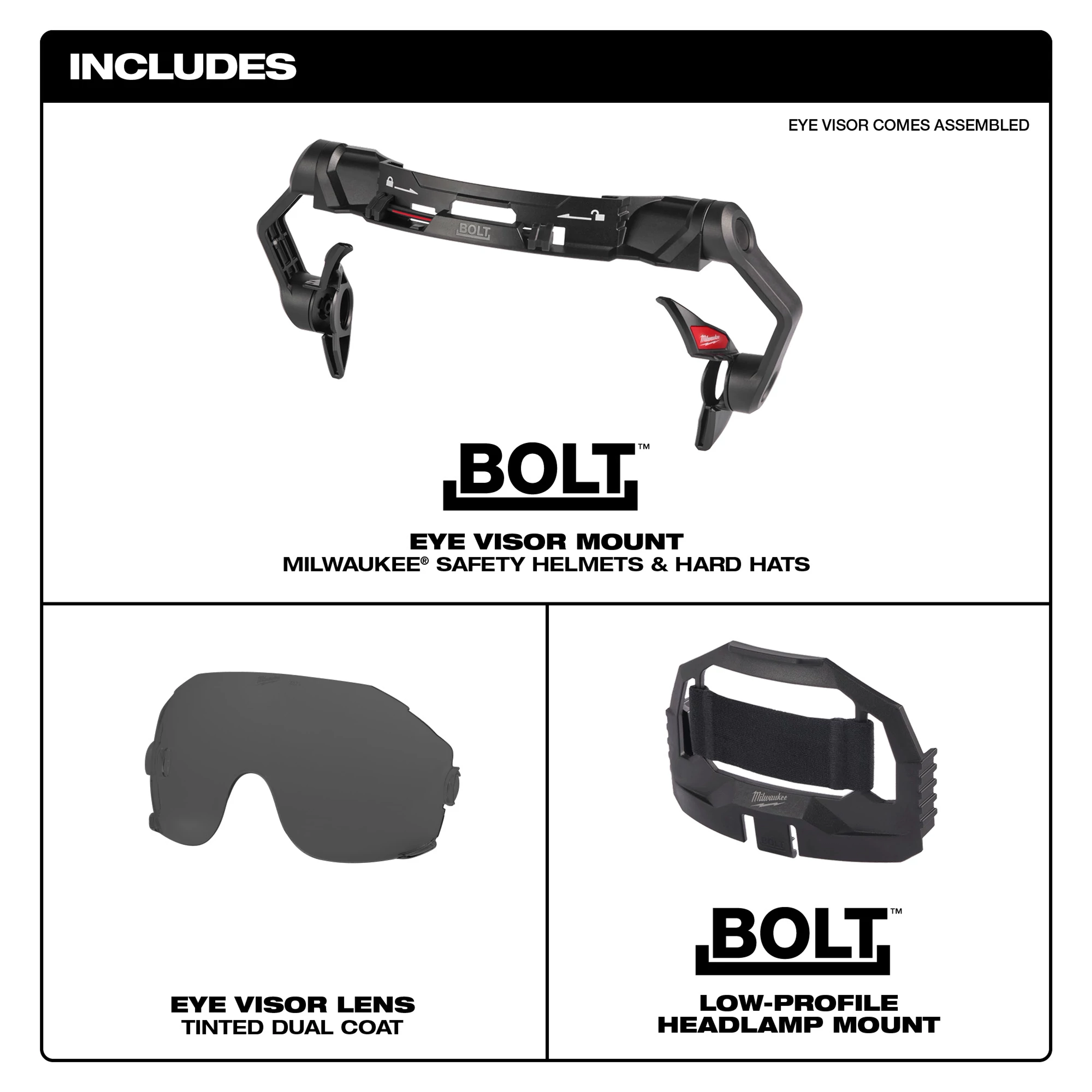 BOLT Eye Visor - Tinted Dual Coat includes eye visor mount, tinted eye visor lens, and low-profile headlamp mount for helmets and hard hats.