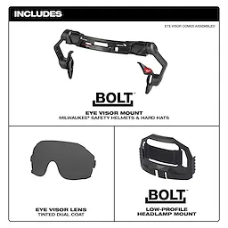 BOLT Eye Visor - Tinted Dual Coat includes eye visor mount, tinted eye visor lens, and low-profile headlamp mount for helmets and hard hats.