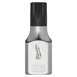 The 3/8" Drive 12mm Triple Square Bit Socket is made of steel with a silver finish and features a black, twelve-point bit. The brand name and "M12" are engraved on the socket.