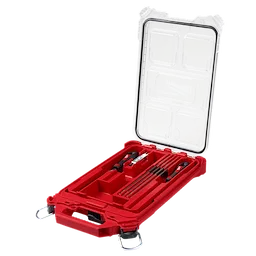 The 9pc Saw Chain Sharpening Set with PACKOUT™ Low-Profile Compact Organizer features a red case with a transparent lid, containing sharpening files, guides, and other tools for saw chain maintenance. The compact design allows for easy storage and transportation.