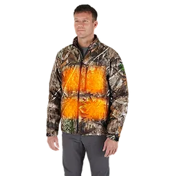 The image shows a man wearing the M12™ Heated QUIETSHELL Jacket, which features a camo pattern and highlighted heating zones on the chest and back areas.