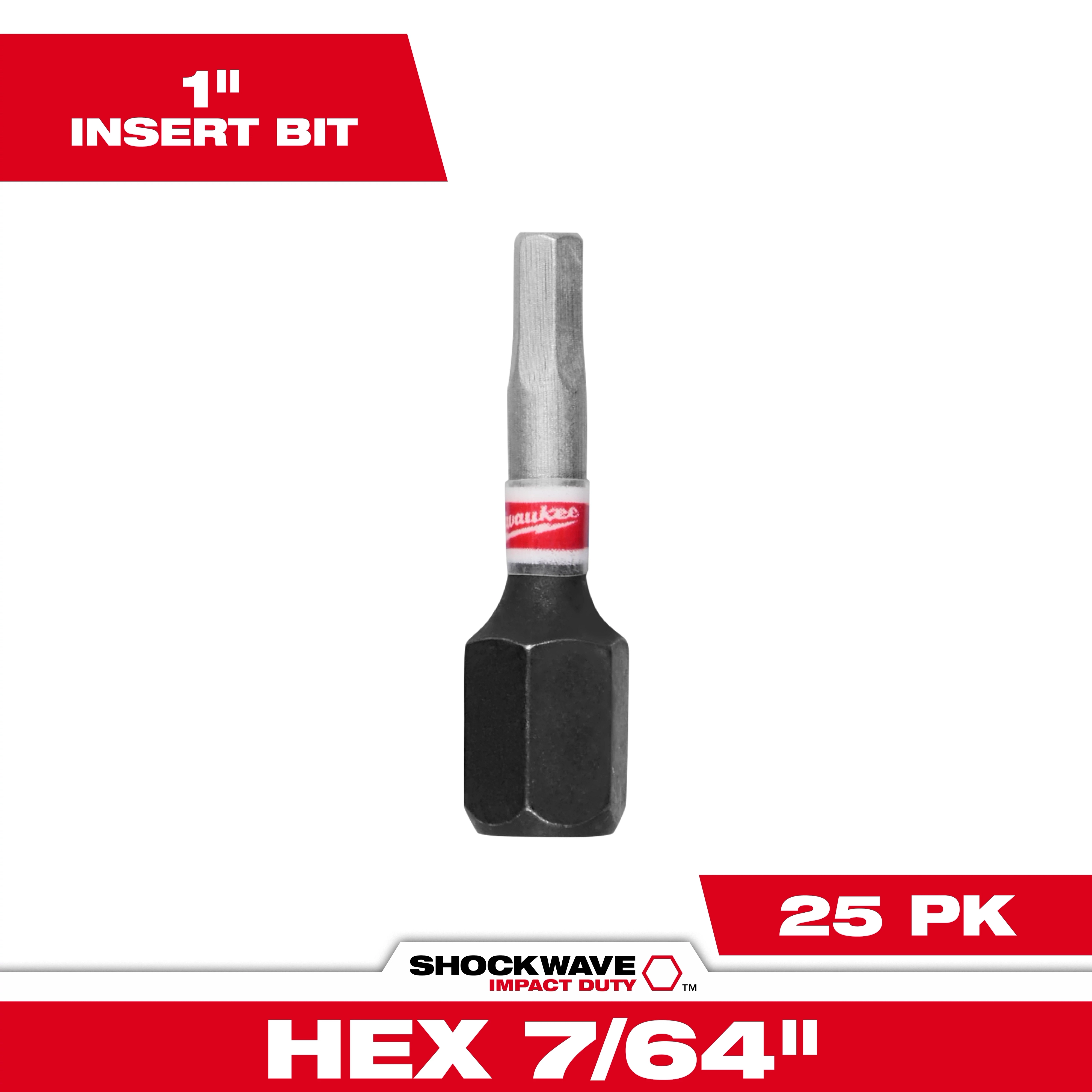 This image displays a SHOCKWAVE™ 1" Impact Duty Hex 7/64" Insert Bit. The bit is shown vertically with a metallic upper part and a black base. Text on the image indicates it is sold in bulk packs of 25.