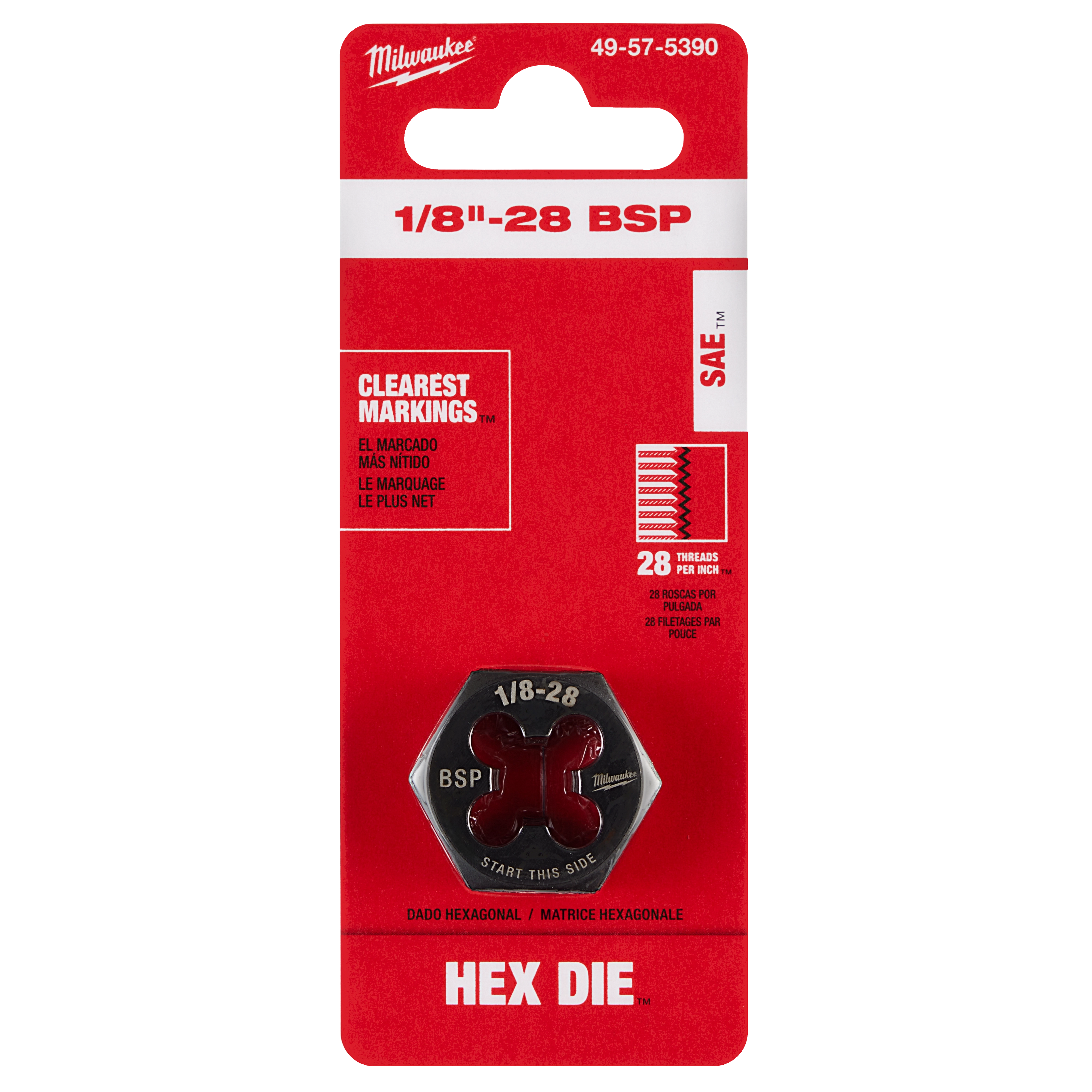 1/8"-28 BSP 1-Inch Hex Threading Die on a red card with clear markings, 28 threads per inch, and hexagonal shape.
