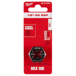 1/8"-28 BSP 1-Inch Hex Threading Die on a red card with clear markings, 28 threads per inch, and hexagonal shape.