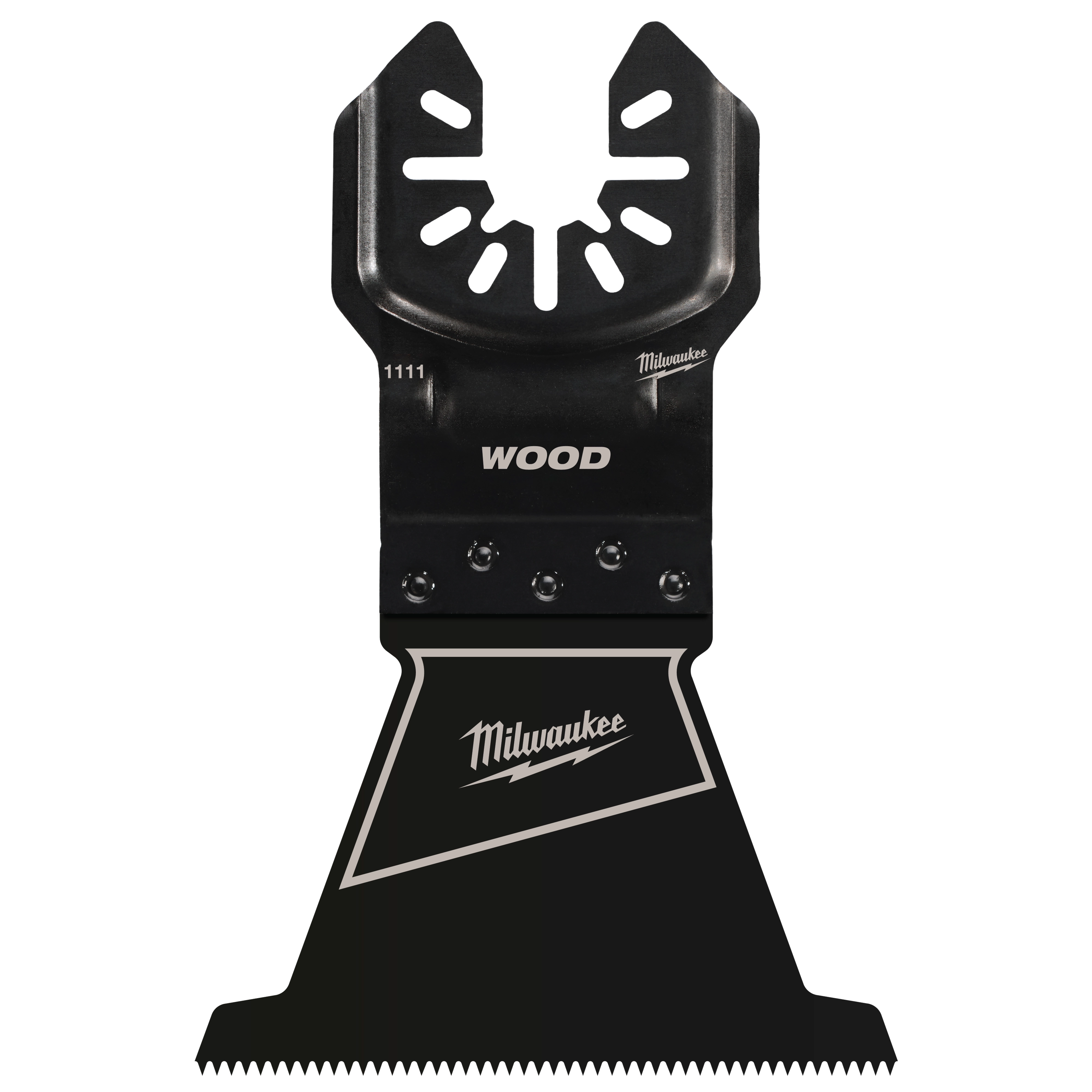 MILWAUKEE OPEN-LOK 2-1/2" HCS Wood Multi-Tool Blade, black with a wide cutting edge and the Milwaukee logo in white.