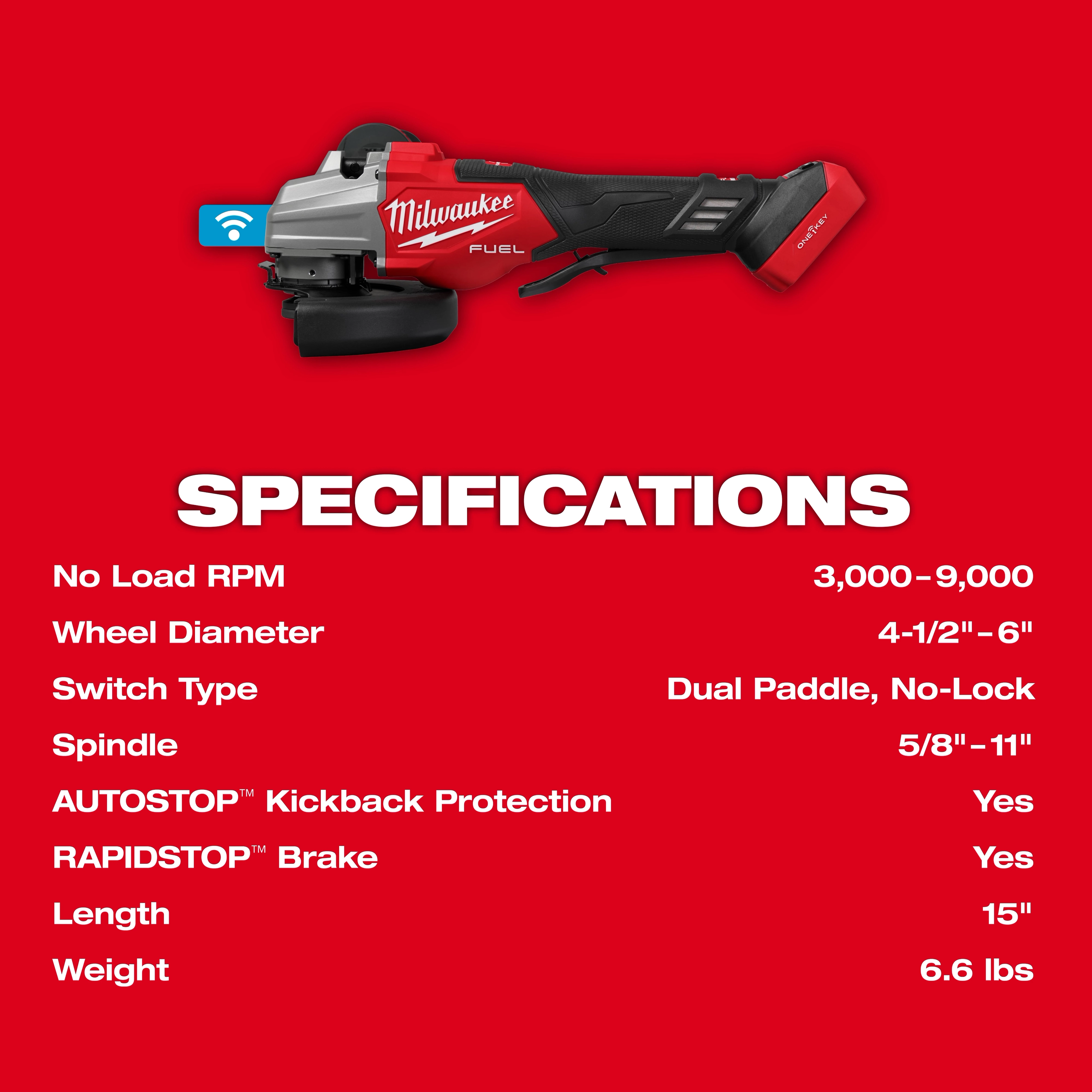 Milwaukee M18 FUEL 4-1/2" - 6" Dual Trigger Braking Grinder with Paddle Switch and ONE KEY™ technology. Specifications include 3,000-9,000 RPM, dual paddle switch, 5/8"-11" spindle, AUTOSTOP™ kickback protection, RAPIDSTOP™ brake, 15" length, and 6.6 lbs weight.