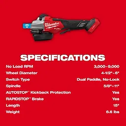 Milwaukee M18 FUEL 4-1/2" - 6" Dual Trigger Braking Grinder with Paddle Switch and ONE KEY™ technology. Specifications include 3,000-9,000 RPM, dual paddle switch, 5/8"-11" spindle, AUTOSTOP™ kickback protection, RAPIDSTOP™ brake, 15" length, and 6.6 lbs weight.