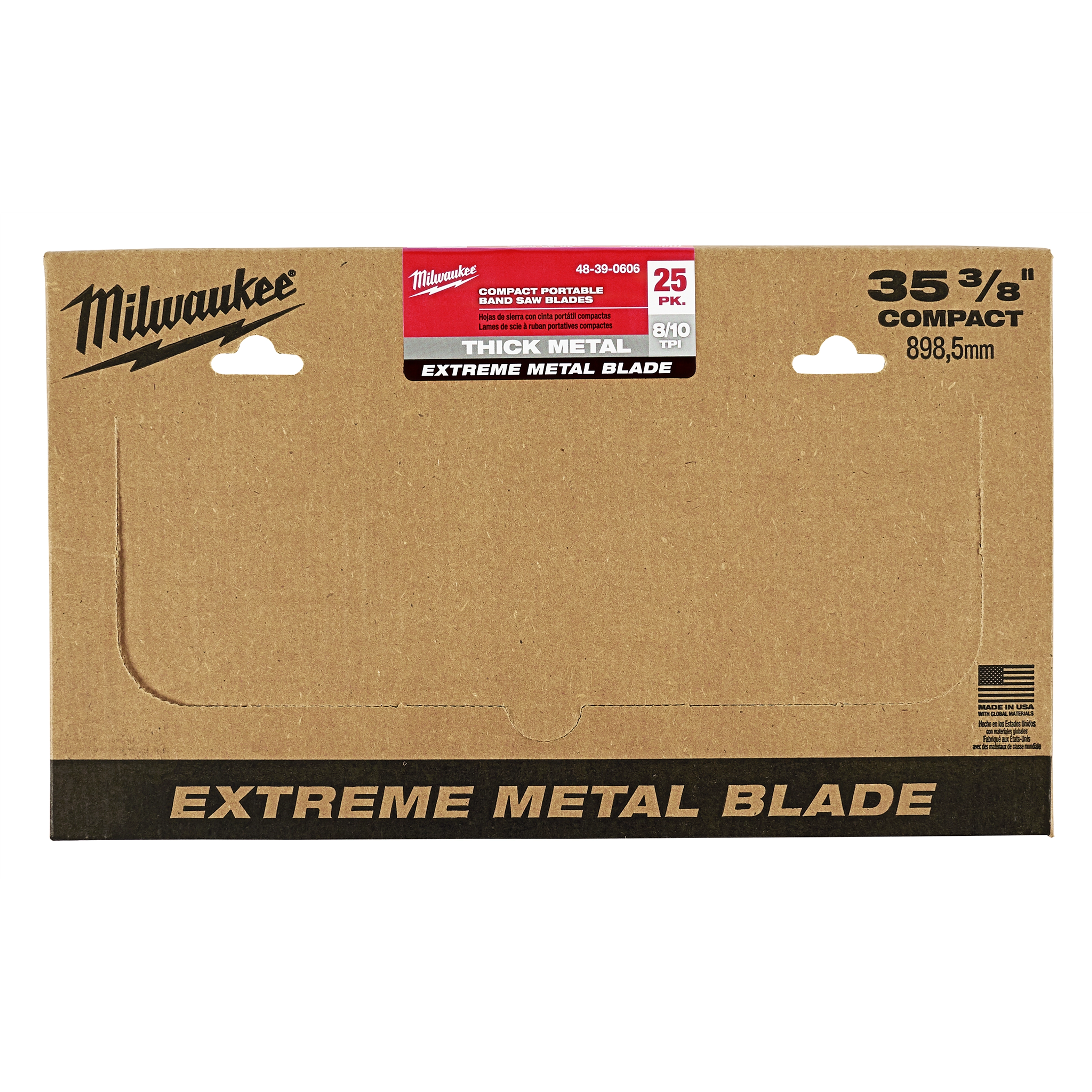 Box for Compact Portable Band Saw Blades 25 pack labeled "Extreme Metal Blade," with "35 3/8 inch, 898.5mm" dimensions.