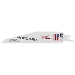 The WRECKER™ Multi-Material SAWZALL® Blade is a 6-inch blade with 7/11 TPI suitable for cutting various materials. It features branding in red text, a gray background, and the American flag. The package contains five blades, designed for versatile performance and durability.