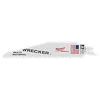 The WRECKER™ Multi-Material SAWZALL® Blade is a 6-inch blade with 7/11 TPI suitable for cutting various materials. It features branding in red text, a gray background, and the American flag. The package contains five blades, designed for versatile performance and durability.