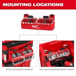 PACKOUT Tool Box 2-Bin Attachment shown with metal reinforced corners and various mounting points on a tool box system.