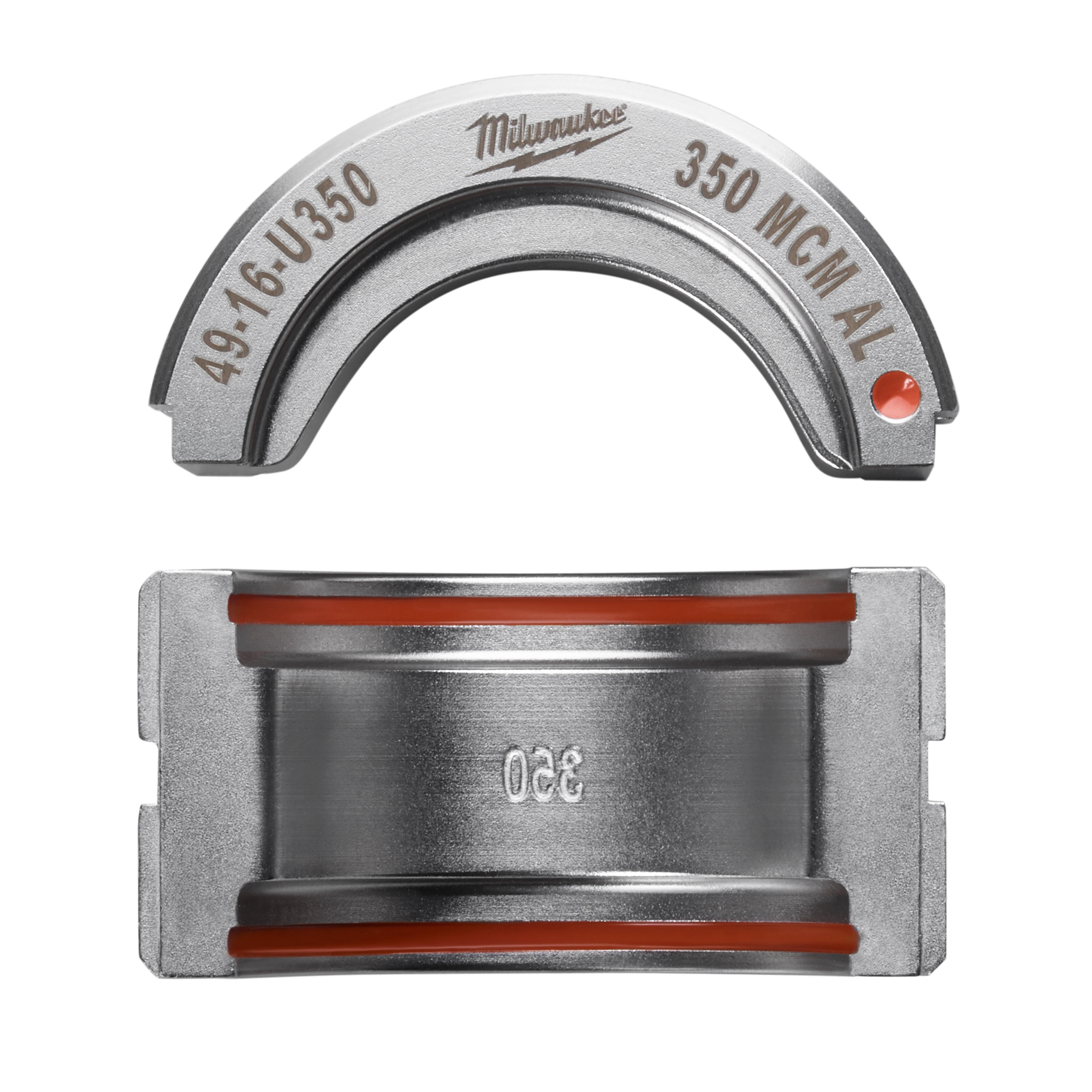The 350 MCM Aluminum U Style Die is shown with two metal die parts. The top part is a curved half-circle labeled "49-16-U350 350 MCM AL," and the bottom part is rectangular with "350" engraved on it. Both parts are silver with orange details.