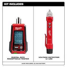 Digital GFCI Receptacle Tester and Voltage Detector w/ LED, includes a red voltage detector pen and receptacle tester.