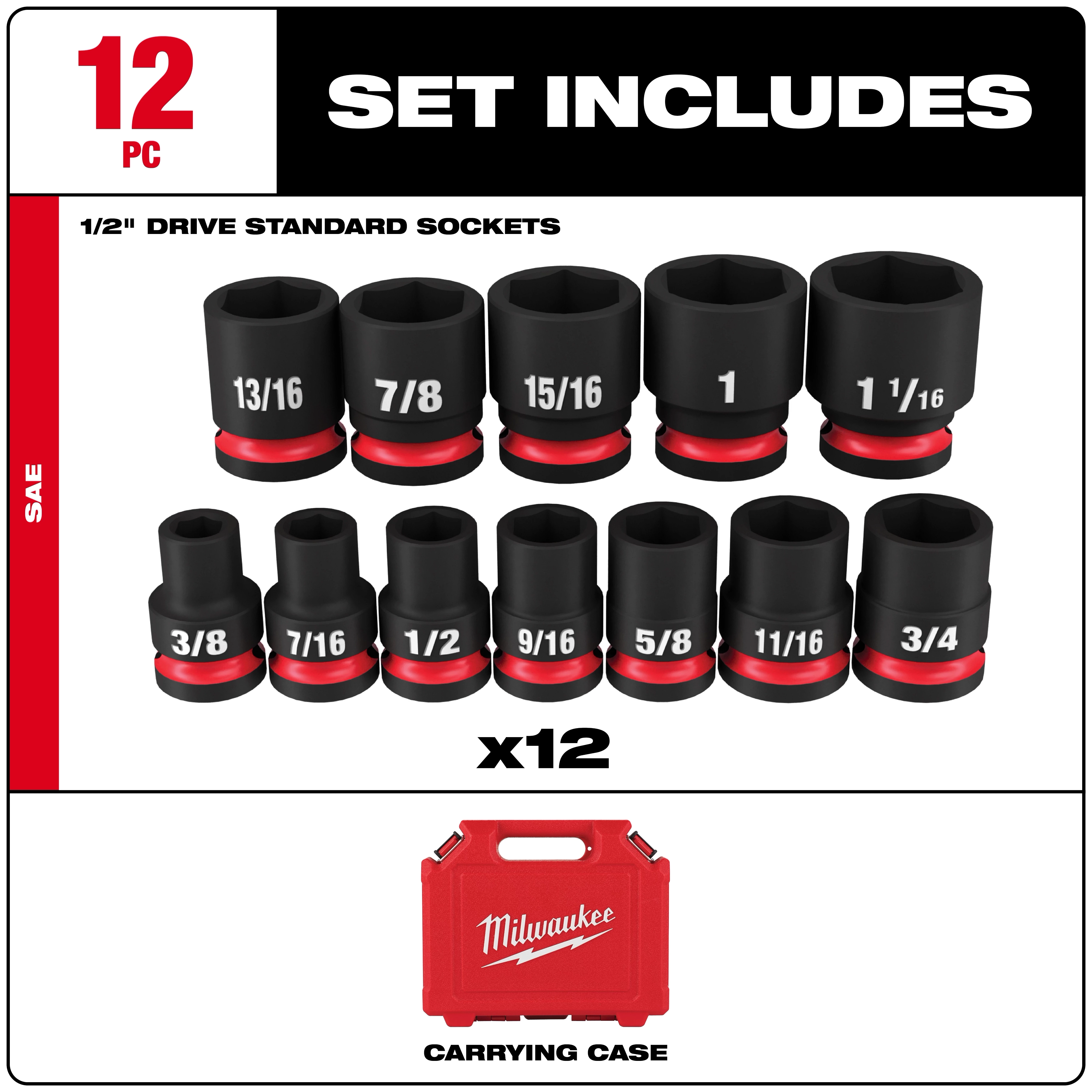 Milwaukee 12-Piece 1/2" Drive Standard Sockets set includes sizes from 3/8" to 1-1/16" with red rings and comes with a red carrying case.