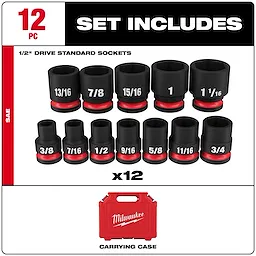 Milwaukee 12-Piece 1/2" Drive Standard Sockets set includes sizes from 3/8" to 1-1/16" with red rings and comes with a red carrying case.