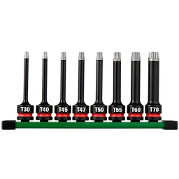 8PC SHOCKWAVE Impact Duty 1/2" Drive 4" Torx Bit Socket Set arranged on a green rail with labeled sizes T30–T70.
