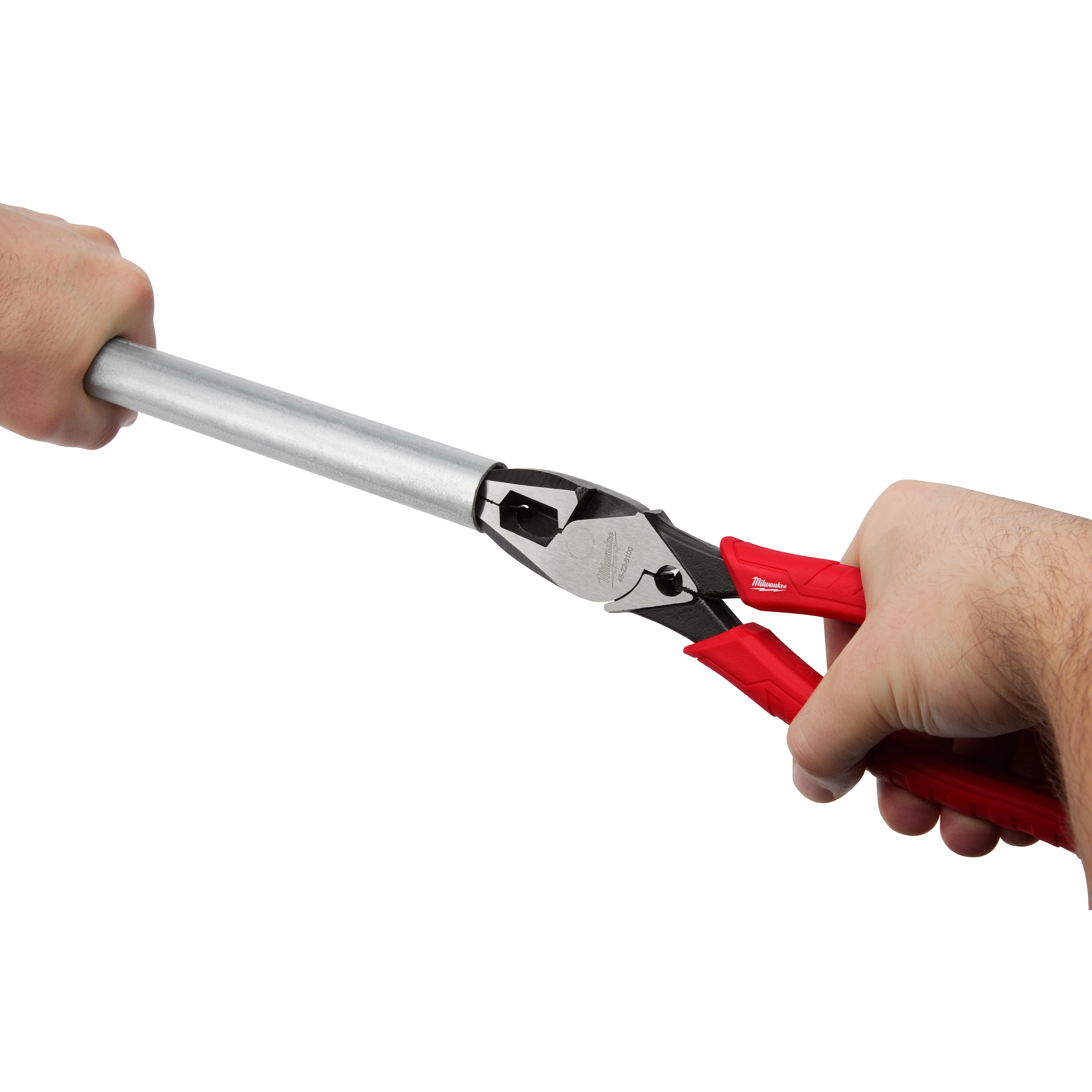 9" High Leverage Lineman's Pliers With Crimper with red hand grips in use, gripping a metal rod with firm hold.